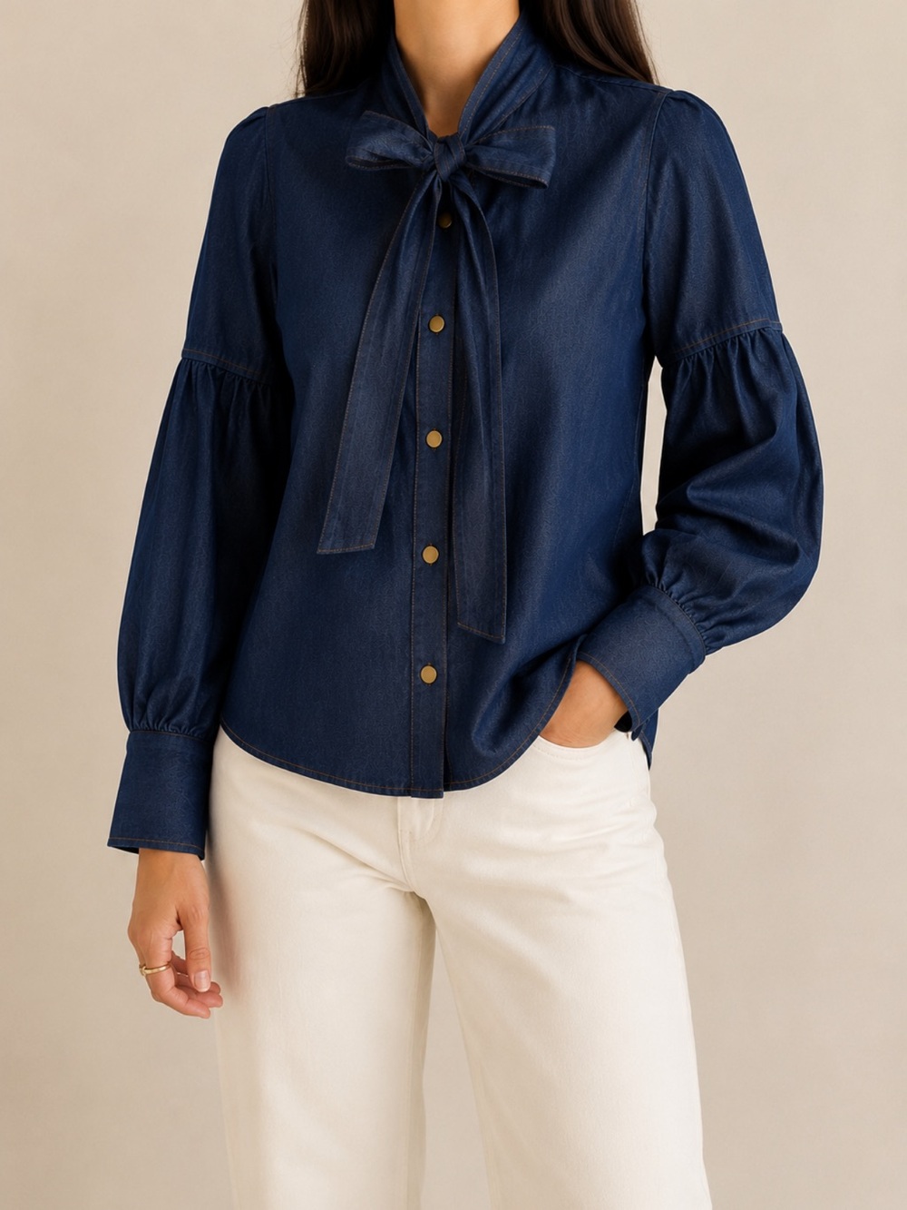 NEW Denim Blue Puff Sleeve Bow Tie Blouse | 100% Cotton | Size Small